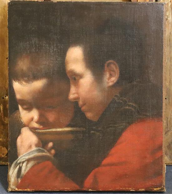 18th century Bolognese School Mother and son feeding from a dish 18 x 15in., unframed